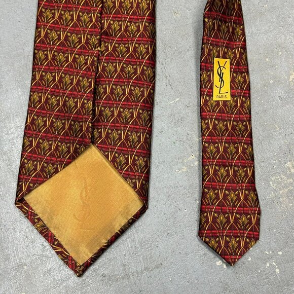 Yves Saint Laurent Tie 100% Silk Satin Made in Italy Geometric Bronze 4" - Picture 5 of 6